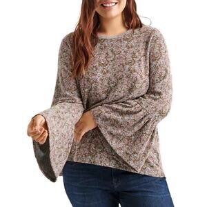 Lucky Brand Hacci Floral-Print Bell-Sleeve Top Size L